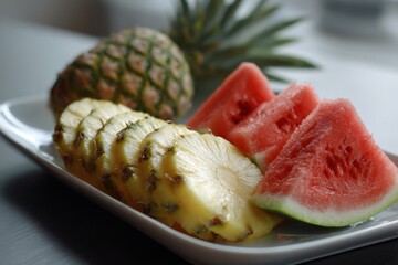 A fruit platter is placed on a kitchen table. It features sliced watermelon and pineapple. The setting is bright with natural light coming in through a window Generative AI