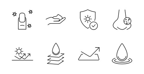 Skincare and beauty set icon. Nail polish, hand cream, sun shield, nose pores, moisture layers, absorption, water droplet, protection elements