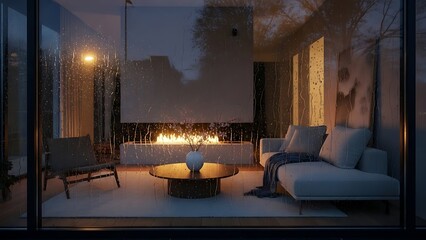 Cozy Modern Living Room with Fireplace and Comfortable Seating at Dusk.
