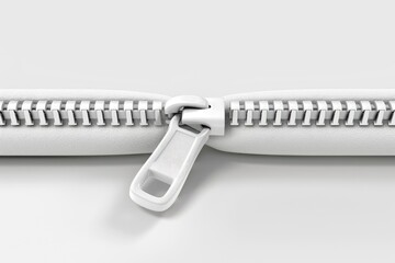 A close-up view of a partially zipped white zipper on a white background