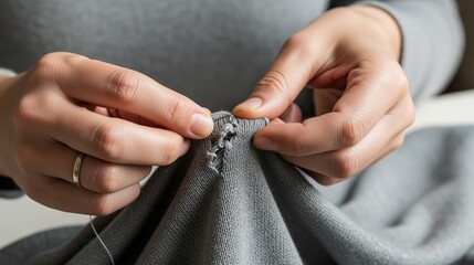 Conscious consumption editorial scene shows careful repair of worn clothing with needle and thread expressing cultural shift toward restraint longevity repair over replacement