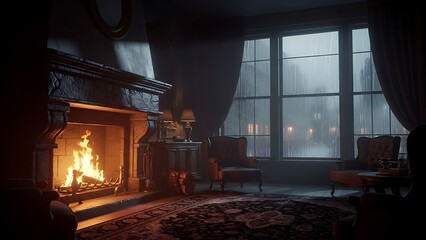 Cozy fireplace in a dimly lit room with a large window overlooking a rainy day, creating a warm and inviting atmosphere.