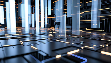 Futuristic technology background with glowing blue and orange lights