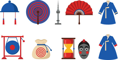 Complete South Korean culture icon set featuring traditional Hanbok clothing N Seoul Tower folding fan Gat hat and ornamental symbols in flat style