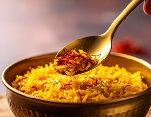 Golden Saffron Rice Pilaf Served in Ornate Bowl with Spoonful of Saffron Threads Overhead View Soft Lighting