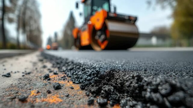 Road repair: close-up of fresh asphalt and road roller at a dynamic low angle