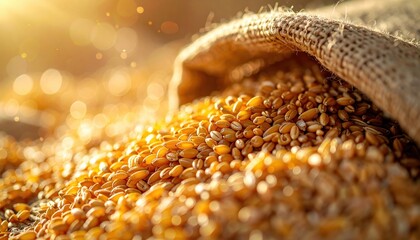Golden Wheat Grains Spilling From Burlap Sack In Warm Sunlight Agricultural Harvest Background
