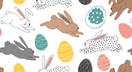 Charming seamless pattern featuring various jumping rabbits and patterned easter eggs in a playful and festive spring celebration.