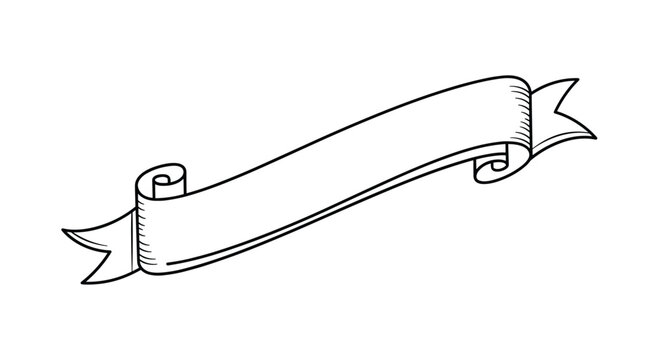 Detailed black and white sketch of a long curly ribbon banner with shaded folds suitable for vintage certificates or headers.
