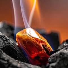 Amber piece igniting on glowing hot charcoal with wisps of smoke rising against a warm orange gradient background in a macro shot