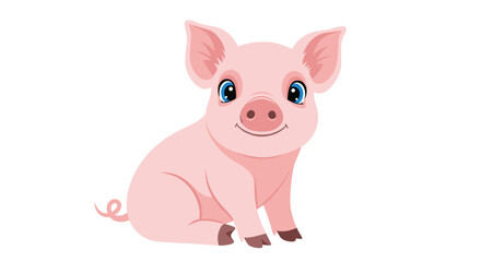 Fototapeta premium Adorable illustration of a smiling pink piglet with large blue eyes sitting calmly and looking happy on a plain white background.