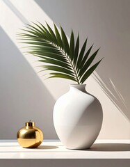 White Ceramic Vase Holding a Green Palm Frond Beside a Golden Christmas Ornament on a White Surface with Natural Light and Shadows