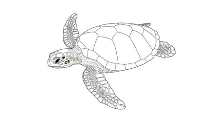 Fototapeta premium Detailed line art illustration of a sea turtle swimming for a nature and marine life themed coloring activity or educational use.