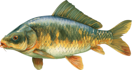Common carp fish swimming with hook in mouth isolated on transparent background