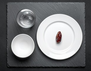 Single Date Fruit on a White Plate with a Small Bowl and Glass of Water on a Dark Slate Surface Overhead Shot