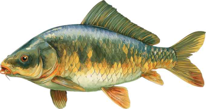 Common carp fish swimming with hook in mouth isolated on transparent background - Powered by Adobe