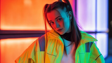 Naklejka premium Modische Porträts junger Frauen in farbenfrohem Neonlicht mit modernem Lifestyle-, Fashion- und Urban-Look