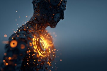 A figure stands in profile, silhouetted against a dark background. The body is outlined with glowing clock gears, symbolizing the fusion of time and technology Generative AI