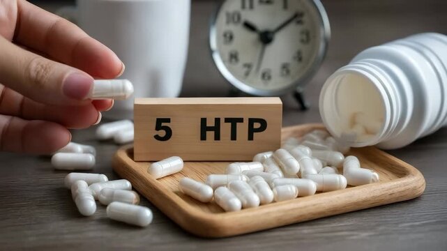 5-HTP Capsules, Wooden Sign, and Alarm Clock: Sleep and Mood Enhancement Concept.