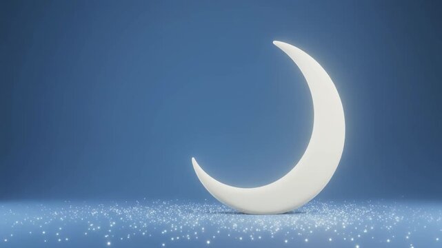 Glowing crescent moon sculpture rotates on sparkling blue background.