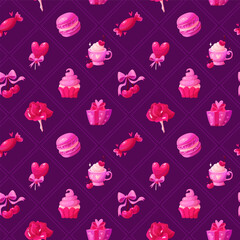 Seamless Pattern for Valentine's Day. Coquette Valentine elements Gift box, Cup, Heart, Sweets, Rose, Romantic Message, Macaroon, Cherry. Vector Festive Background.