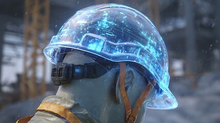 Close-up of worker wearing a glowing futuristic construction helmet with integrated headset
