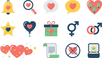 Complete love and romance icon set featuring hearts bells gift boxes engagement rings gender symbols and Valentine's day celebration elements