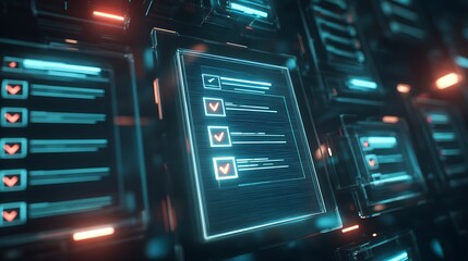 Futuristic digital panels showing completed checklists in an abstract, glowing, tech environment