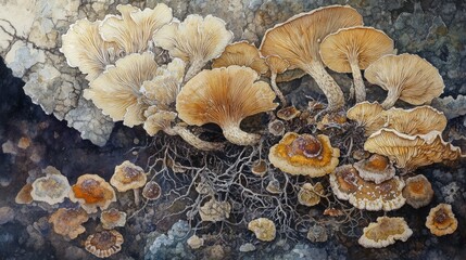 Hyper-detailed watercolor portrayal of mycelium network spreading through forest soil, connecting various mushroom fruiting bodies, delicate branching structures painted with hairline brushwork,