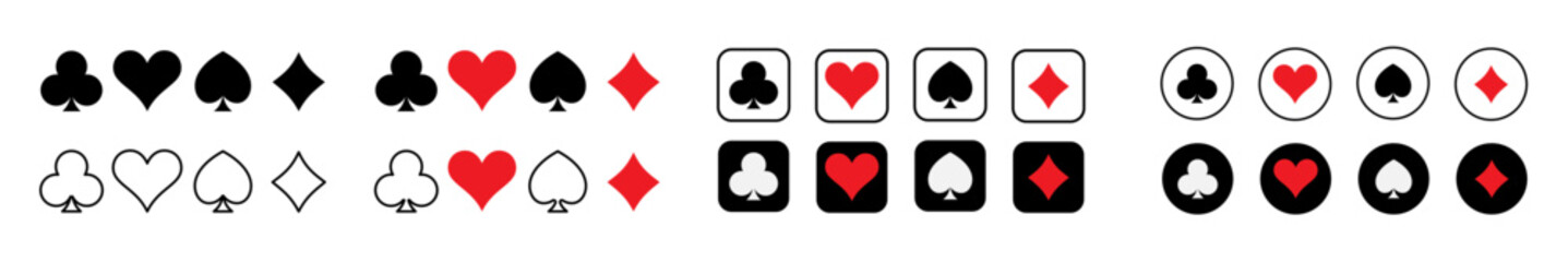 Cards suit icon set. Heart, spade, diamond and club shapes vector illustration. Poker and casino symbols for game interfaces and  gambling sign