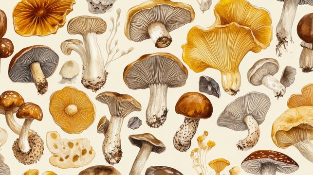 Collection of edible mushroom varieties painted in meticulous watercolor detail, porcini with textured brown cap, golden chanterelles with trumpet shapes, morels with honeycomb patterns, shiitake