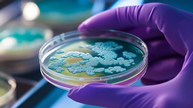 Medical laboratory analysis image capturing fungal culture examination, researcher's purple-gloved hand precisely holding transparent petri dish containing mature Penicillium expansum colonies,