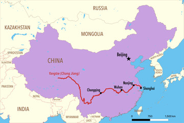 Fototapeta premium Vector Map of the Yangtze River Route with Major Cities and Delta in China