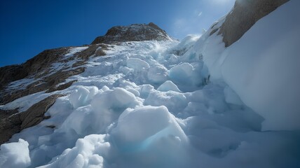 Dramatic view of a rugged mountain peak covered in fresh snow under a clear blue sky on a bright sunny day