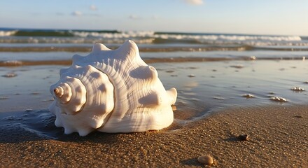 Seashell on the beach at sunset, ocean waves in the background.