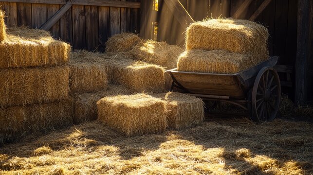 Close-up composition of multiple hay storage formats showing texture variations, tightly bound square bales beside loose heaped straw, overflowing antique wheelbarrow, hand-woven feed sacks, morning