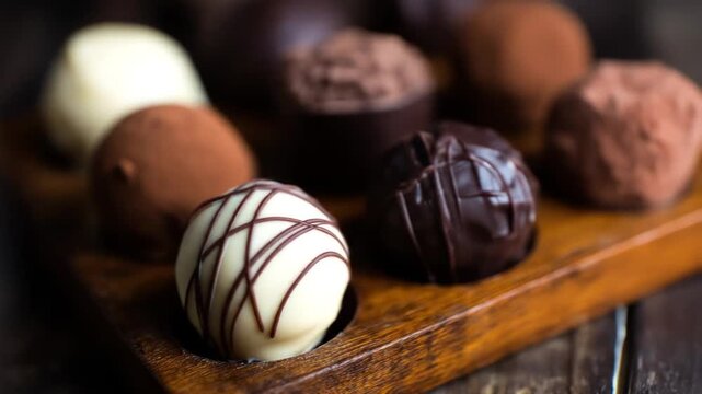 Close up of assorted chocolate truffles on a wooden tray with copy space
