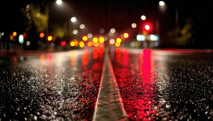 Rainy night city street. Blurry lights reflect on wet pavement