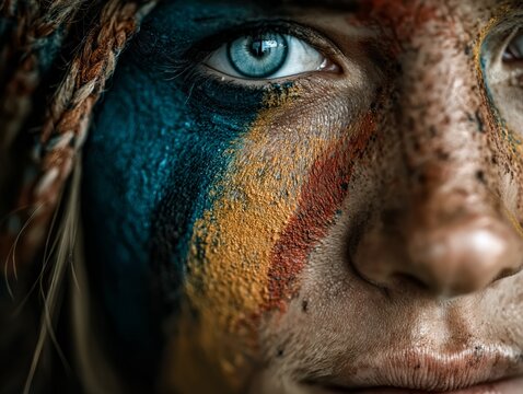 K&uuml;nstlerisches Portr&auml;t mit farbenfroher Gesichtsbemalung, intensivem Blick und ausdrucksstarker Identit&auml;t
