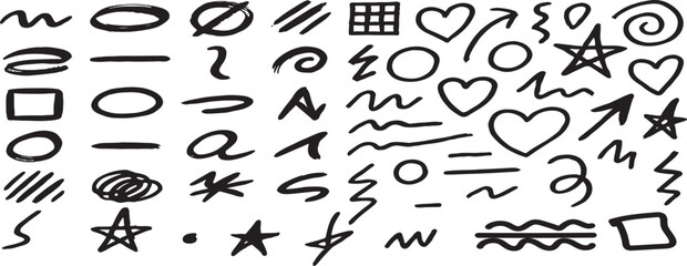 A collection of hand drawn doodles and symbols on a white background