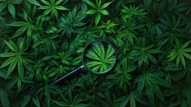 Cannabis Research: Magnifying glass over fresh marijuana leaves in dark greenery