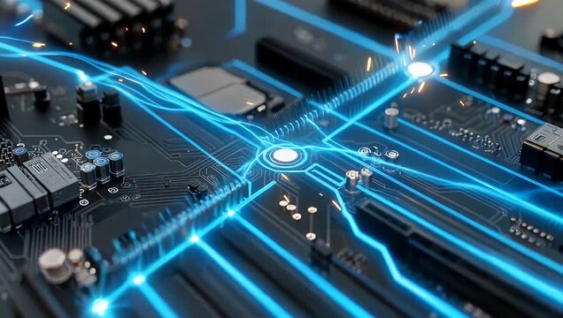Electric blue energy flowing through a detailed circuit board with intricate pathways and subtle sparks enhancing the technological theme