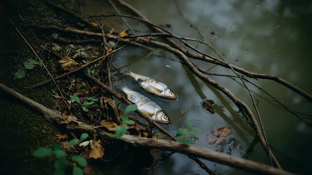 Environmental Tragedy: Two dead fish floating in dark, polluted water by the bank