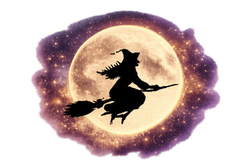 Naklejka premium Witch flying on broomstick in silhouette against a glowing full moon and sparkling night sky, transparent background