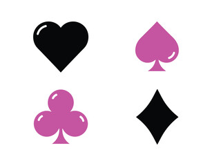 Heart, spade, club, and diamond. Icons of playing card suits in a sleek, modern geometric style. A set of vector card symbols.