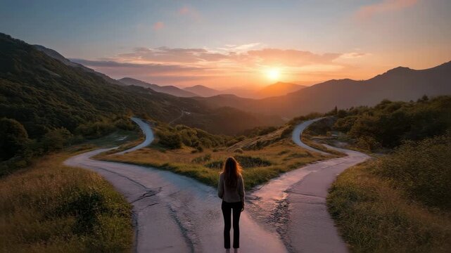 Woman at a Crossroad: Choosing a Path in the Mountains at Sunset