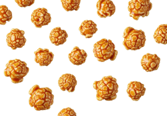 Flying golden-brown caramel popcorn, glossy amber coating, frozen in dynamic motion on a pristine transparent background with copy space, high-key studio lighting. Movie night concept