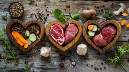 Luxurious homemade pet nutrition banner showing heart-shaped wooden vessels filled with premium raw ingredients arranged in perfect harmony on vintage wood planking, featuring humanely raised meats,