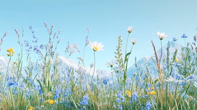 Hyperrealistic 3D rendering of alpine meadow wildflowers and grasses in seamless pattern showing incredible botanical detail of delicate mountain blooms, featuring gentians, edelweiss and alpine