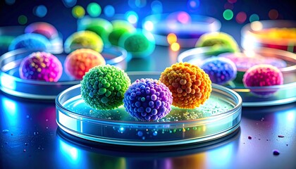 Colorful Microscopic Organisms in Petri Dishes Under Laboratory Lighting.
